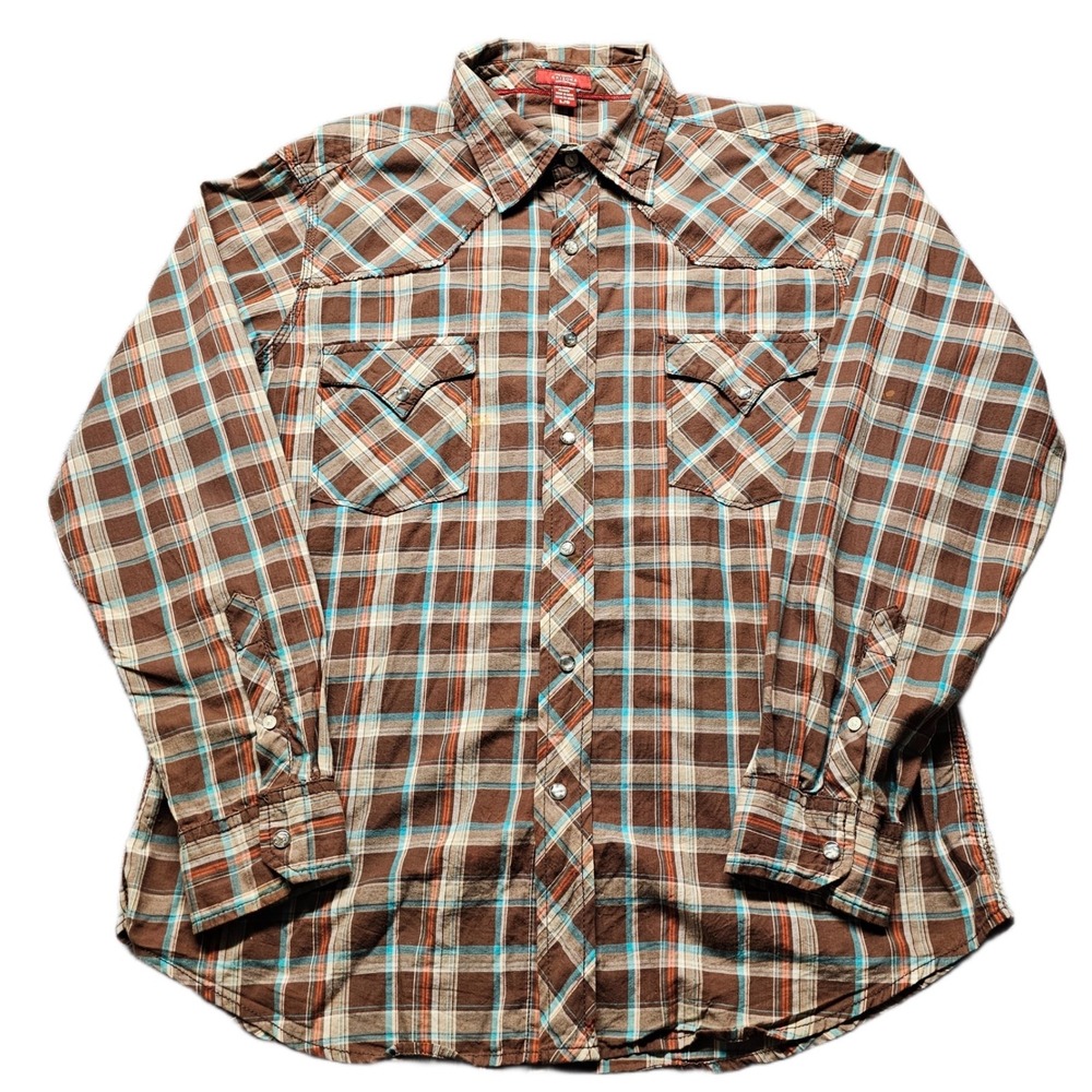 Arizona Western Shirt Mens L Brown Blue Plaid Double Chest Pocket Snap Button